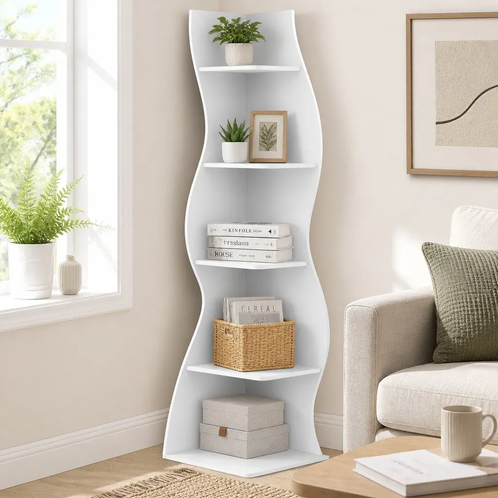 5-Tier S-Shaped Corner Bookshelf Storage Rack Vertical Display Organizer White
