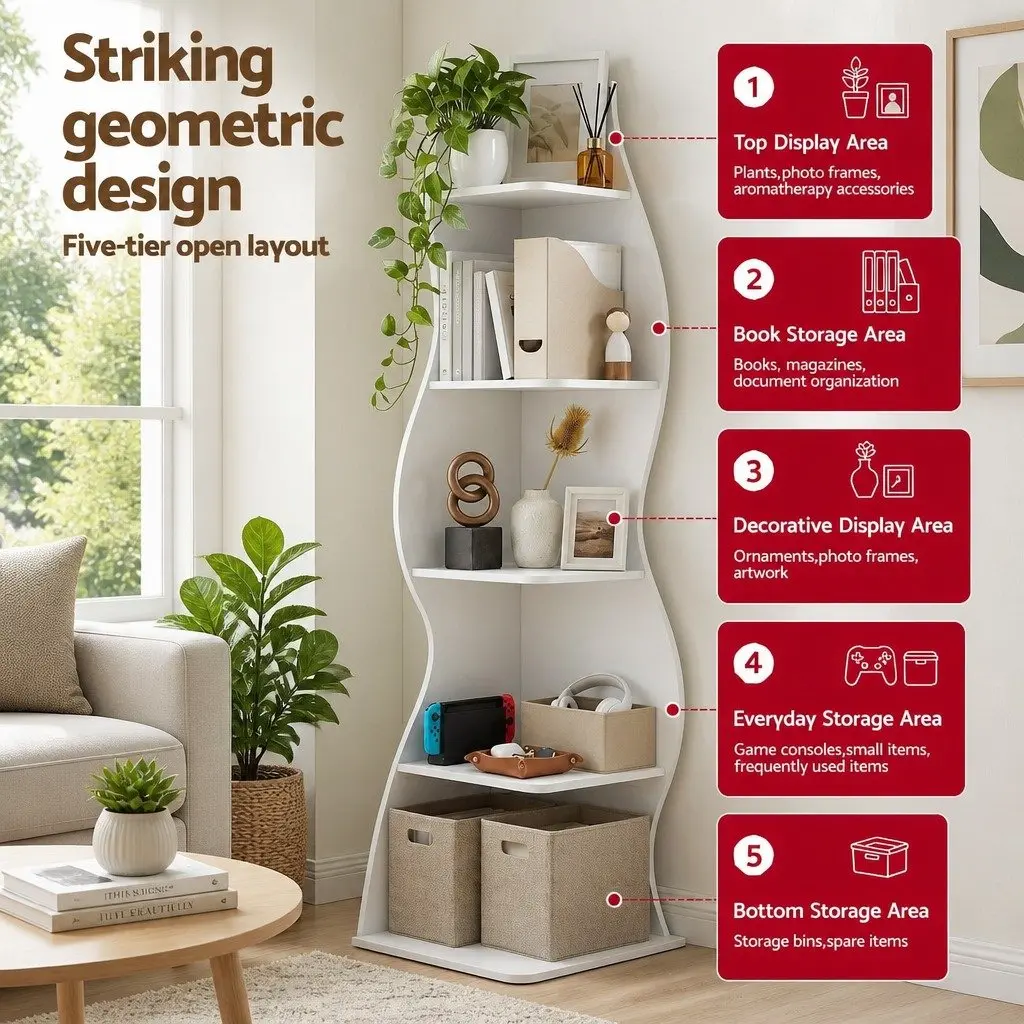 5-Tier S-Shaped Corner Bookshelf Storage Rack Vertical Display Organizer White