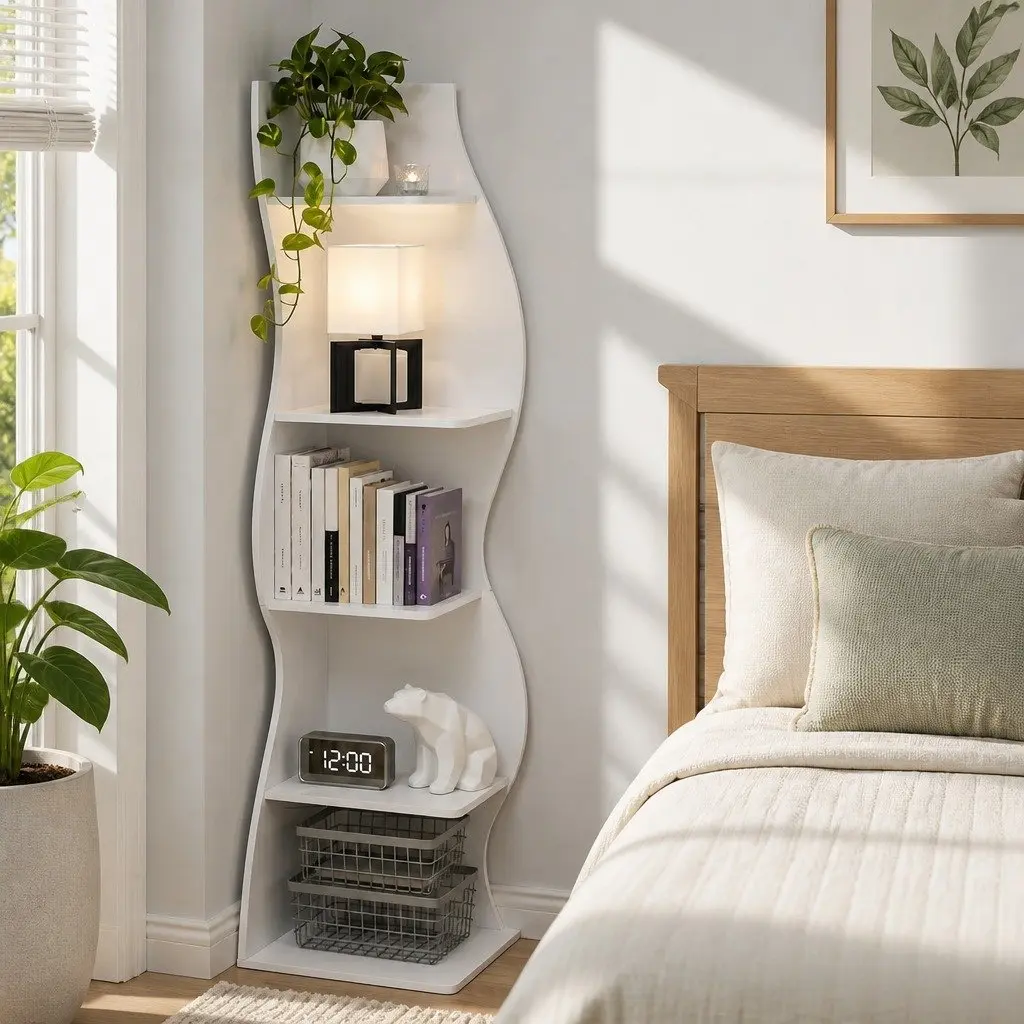 5-Tier S-Shaped Corner Bookshelf Storage Rack Vertical Display Organizer White