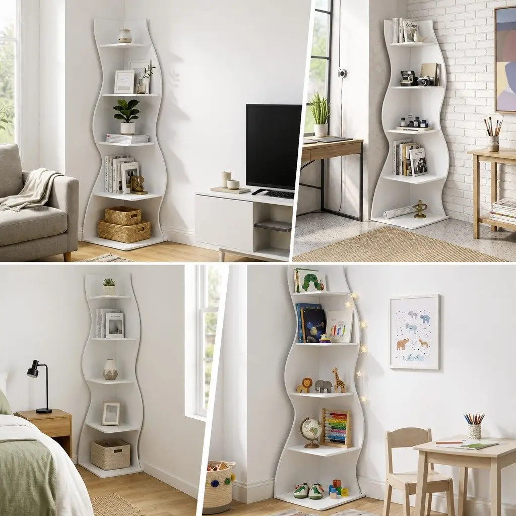 5-Tier S-Shaped Corner Bookshelf Storage Rack Vertical Display Organizer White