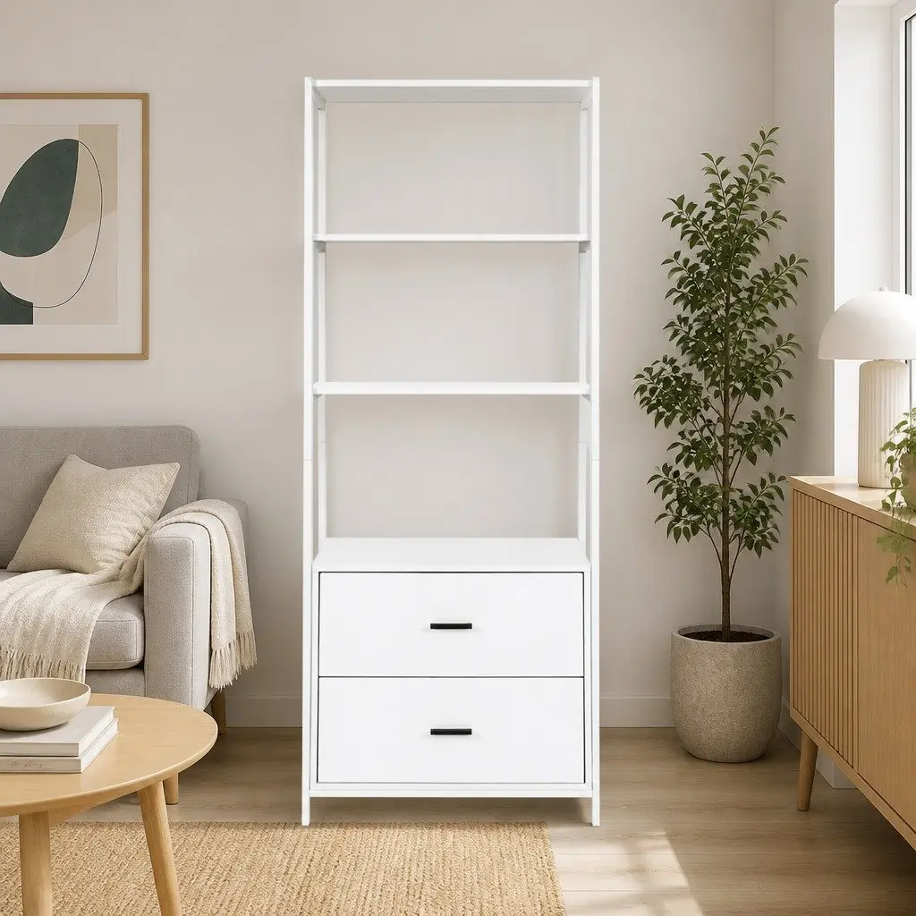 152CM White Bookshelf with Two Storage Drawers