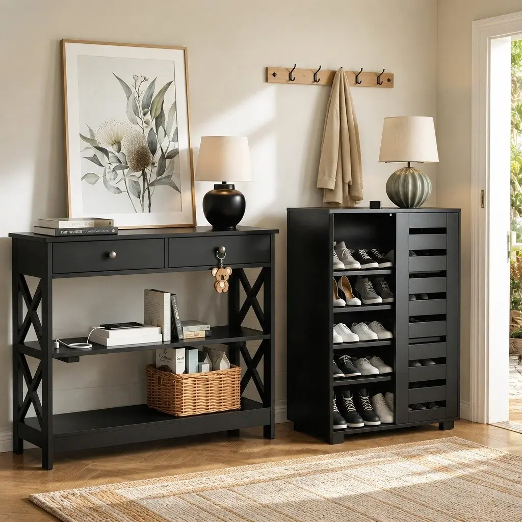 Black Shoe Rack and Console Table Set