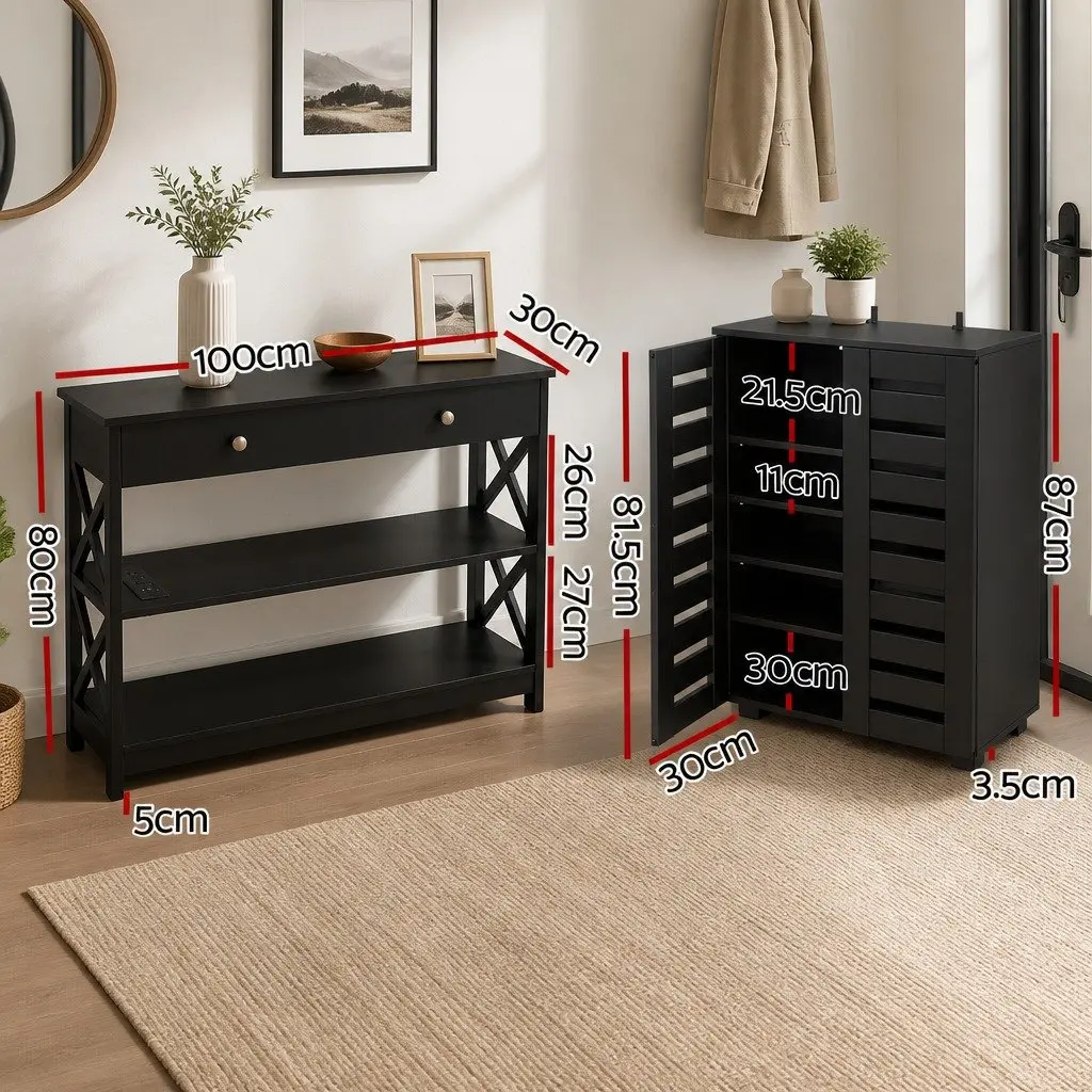 Shoe Storage Cabinet Console Table Set Entryway Furniture Black 2 Piece
