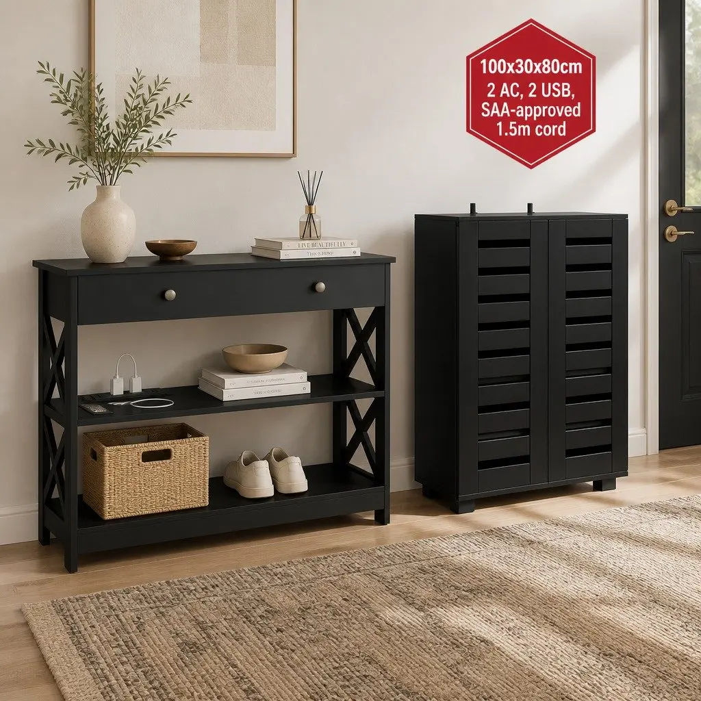 Shoe Storage Cabinet Console Table Set Entryway Furniture Black 2 Piece