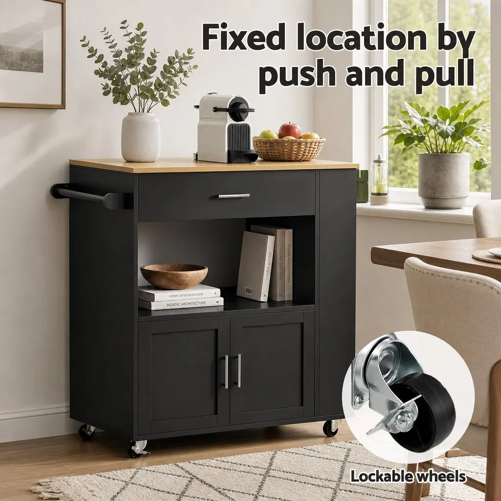 Kitchen Trolley Serving Cart Storage Drawer Cabinet Spice Rack Black