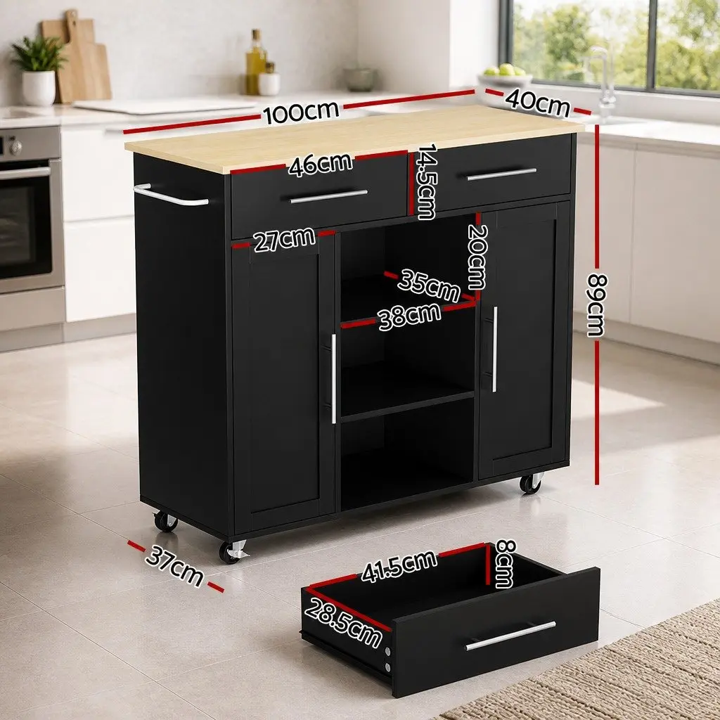 Kitchen Island Trolley Serving Cart Storage Drawer Cabinet 100cm Black