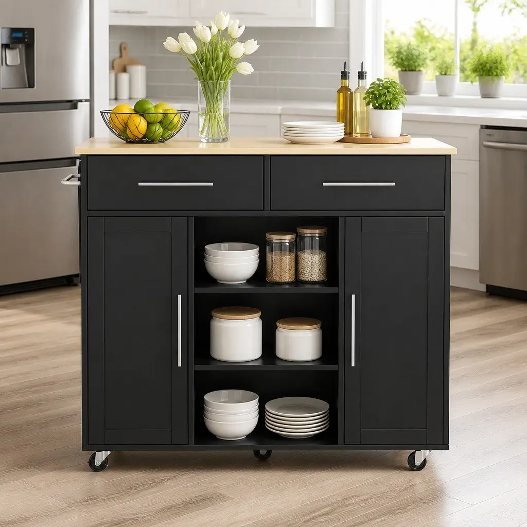 Kitchen Island Trolley Serving Cart Storage Drawer Cabinet 100cm Black