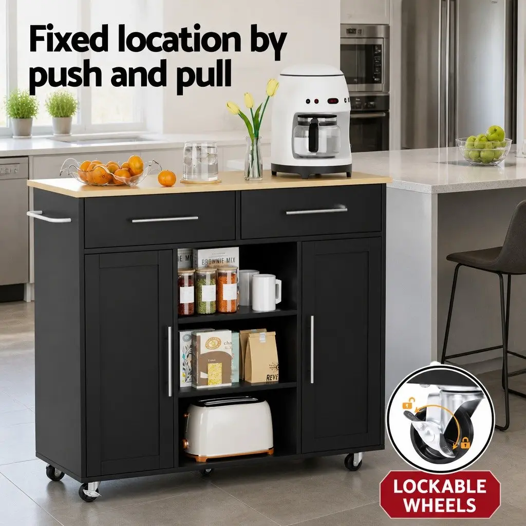 Kitchen Island Trolley Serving Cart Storage Drawer Cabinet 100cm Black
