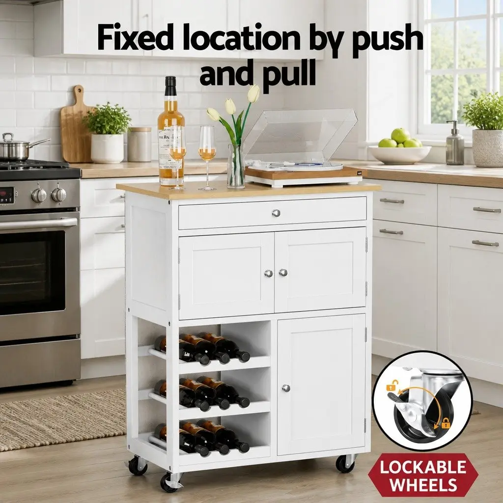 Kitchen Island Trolley Rolling Serving Cart Storage Drawer Cupboard White Oak 67cm x 38cm x 86.5cm
