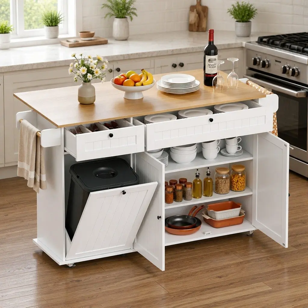 Kitchen Island Trolley Rolling Serving Cart Storage Drawer Cabinet 150cm White