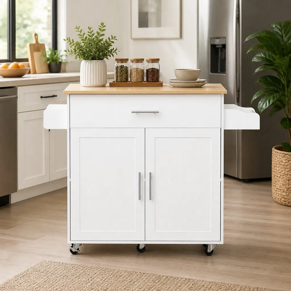 Kitchen Island Trolley Serving Cart Storage Cabinet Foldable Drop Leaf White