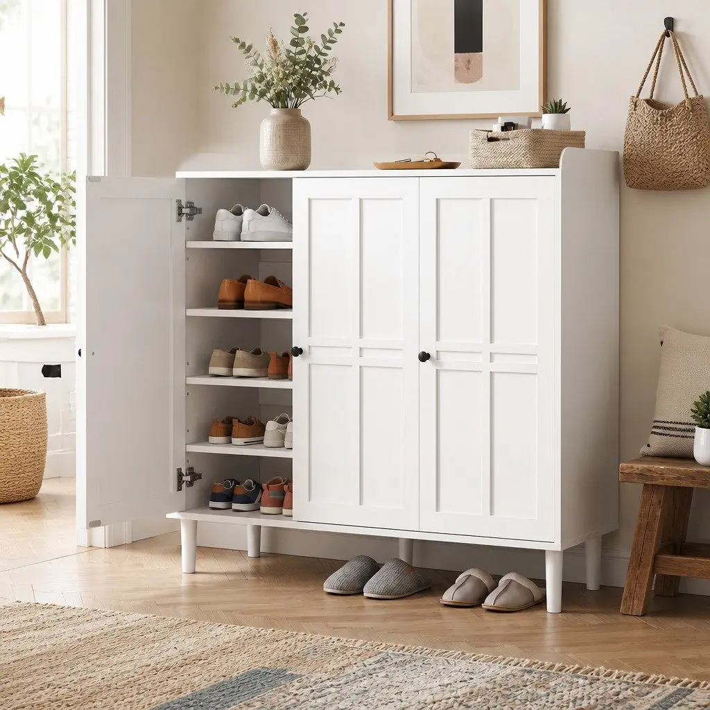 8-Tier Shoe Rack Cabinet White Adjustable Shelves Entryway Storage Organiser