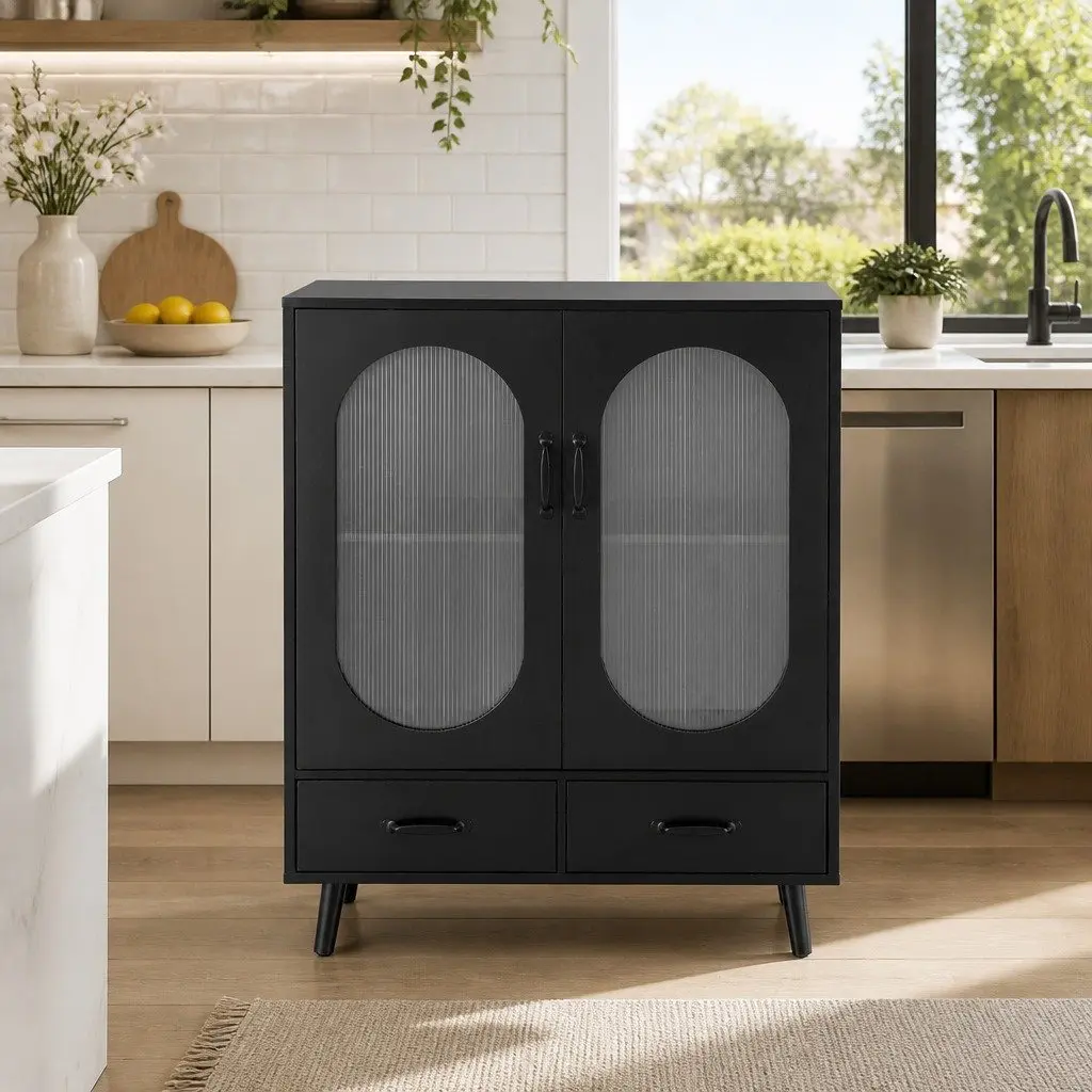 Storage Cabinet Buffet Dining Furniture Black Double Door 80cm