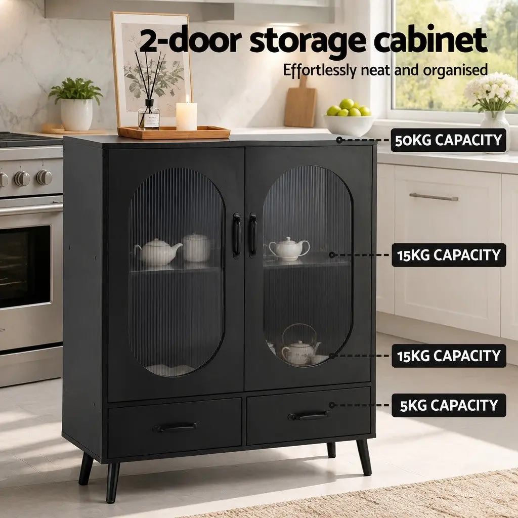 Storage Cabinet Buffet Dining Furniture Black Double Door 80cm