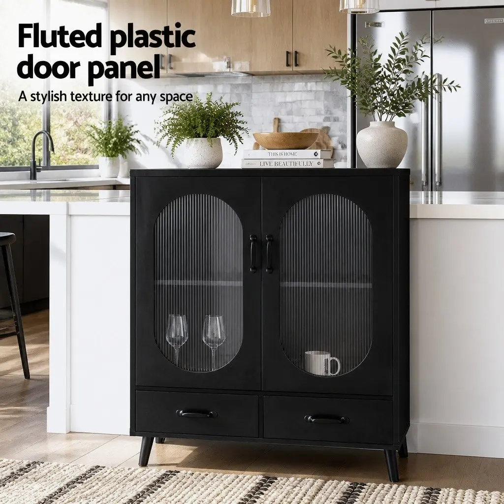 Storage Cabinet Buffet Dining Furniture Black Double Door 80cm