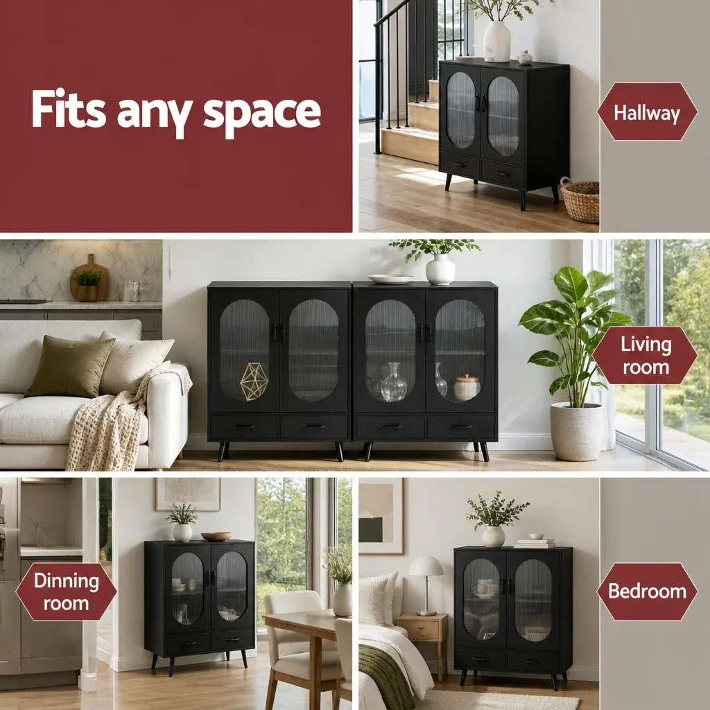 Storage Cabinet Buffet Dining Furniture Black Double Door 80cm