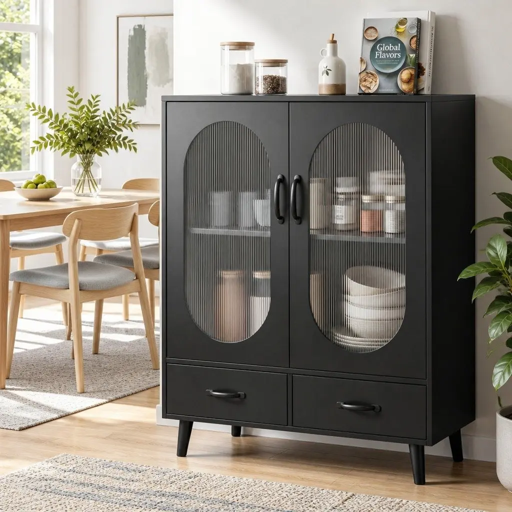 Storage Cabinet Buffet Dining Furniture Black Double Door 80cm