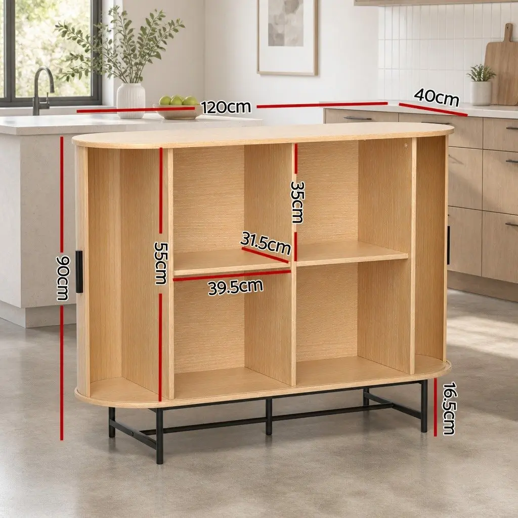 Buffet Sideboard Storage Cabinet 2-Door Sliding Fluted Doors Oak Dining Room