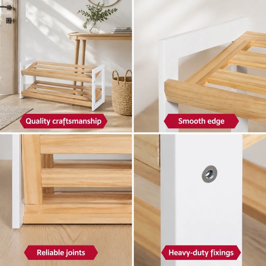 Shoe Rack Storage Organizer 2 Tier 6 Pairs Pine White Entryway Hallway Bedroom
