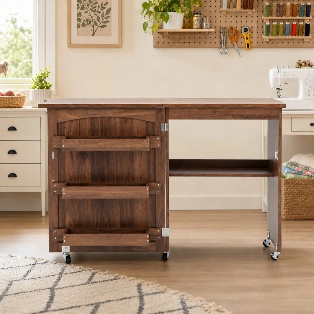 Folding Sewing Table Compact Workstation 58.5 x 40 x 79 cm Brown