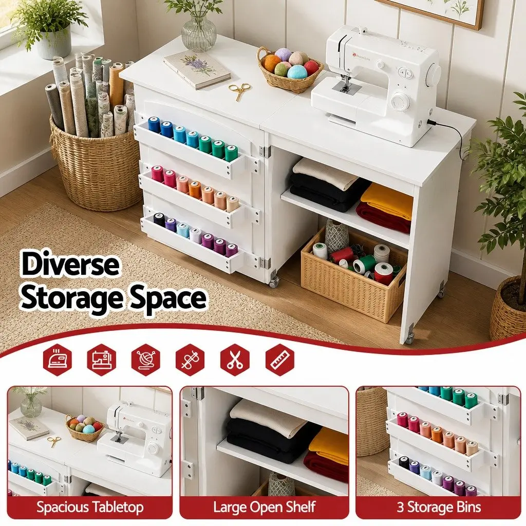 Folding Sewing Table Craft Work Station 118 x 49.5 x 79.5 cm White