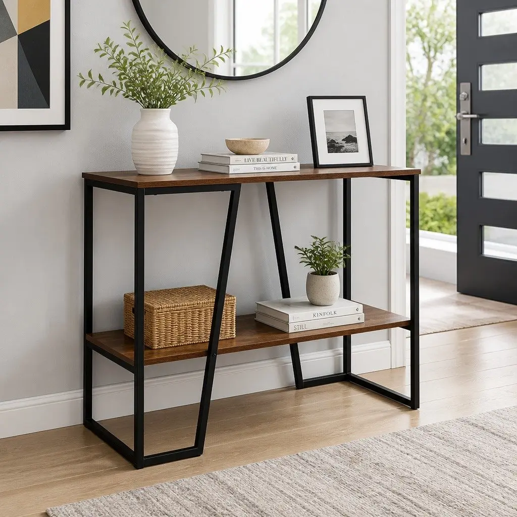 Console Table 106CM 2-Tier Storage Shelves Industrial Walnut and Black