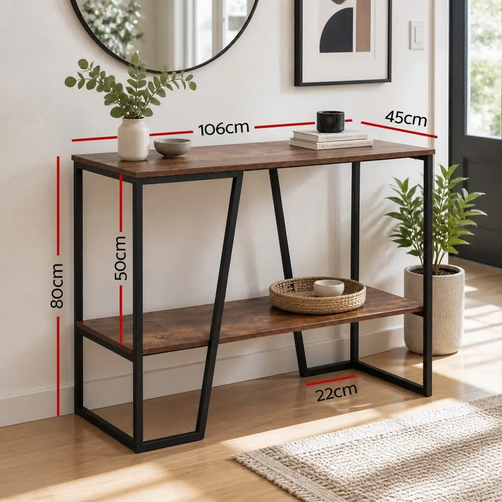 Console Table 106CM 2-Tier Storage Shelves Industrial Walnut and Black