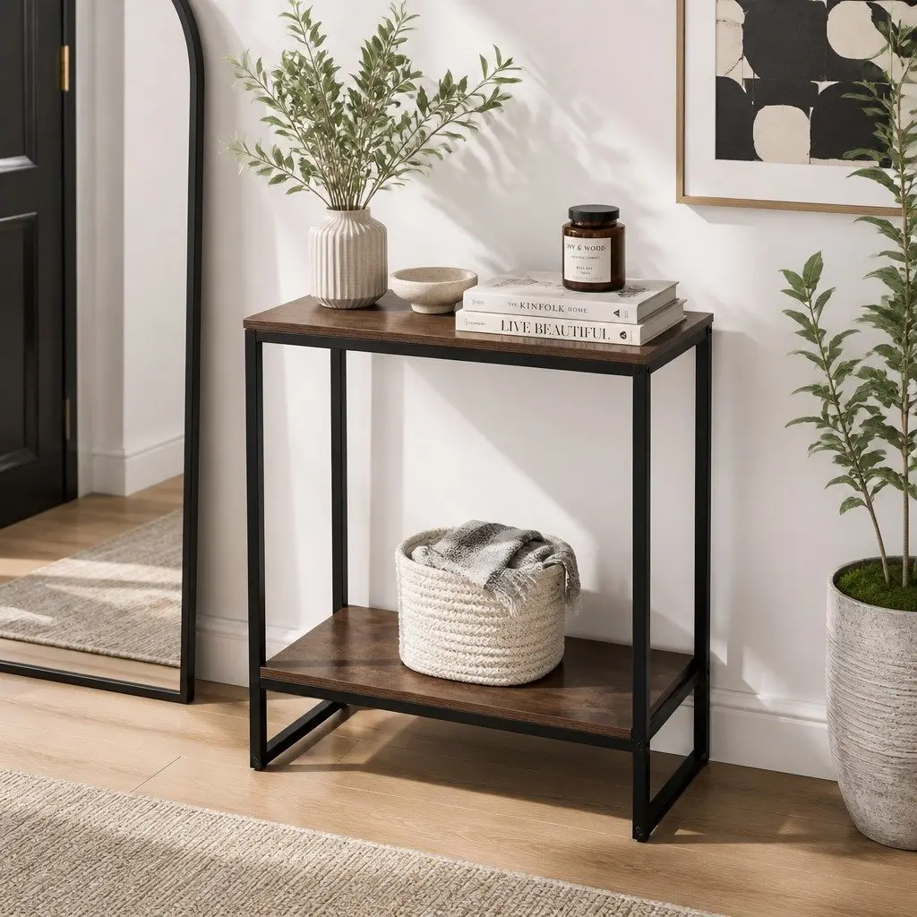 Console Table 106CM 2-Tier Storage Shelves Industrial Walnut and Black