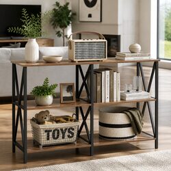 Console Table 120CM 3-Tier Industrial Storage Shelves Walnut Black Metal Frame