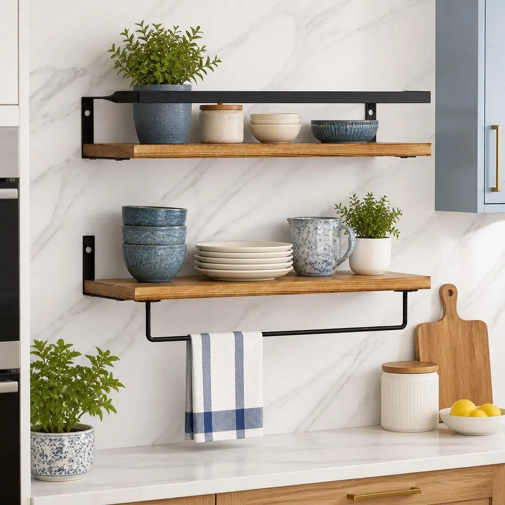 Floating Wall Shelves with Towel Bar Included