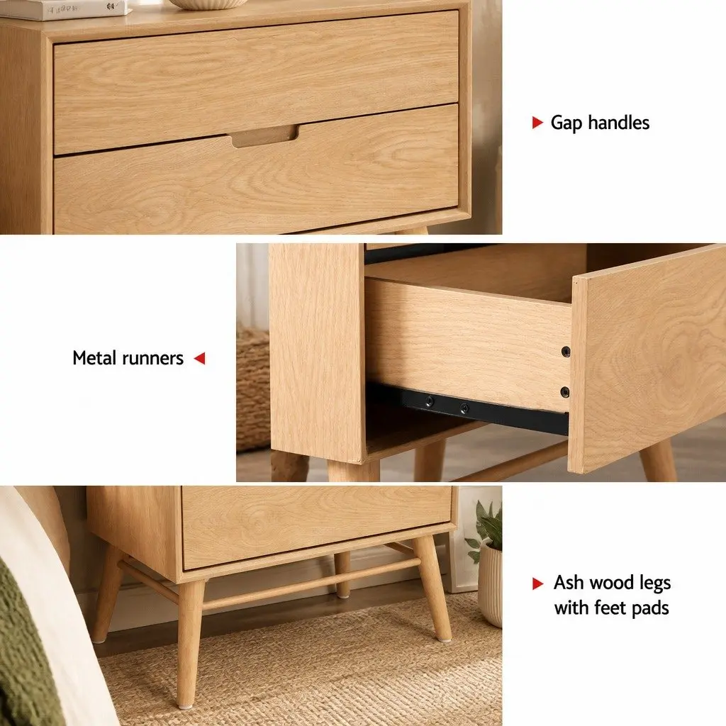 Bedside Table Drawers Side End Table Storage Cabinet Nightstand Natural Wood
