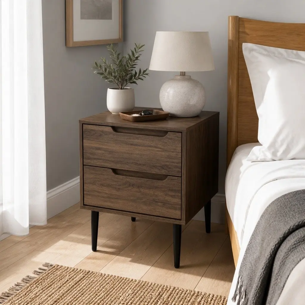 Walnut Nightstand with Storage Drawers