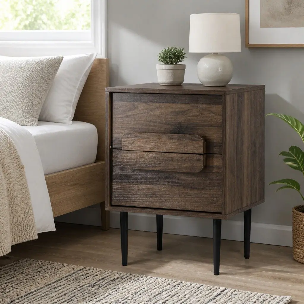 Walnut Nightstand with Storage Drawers