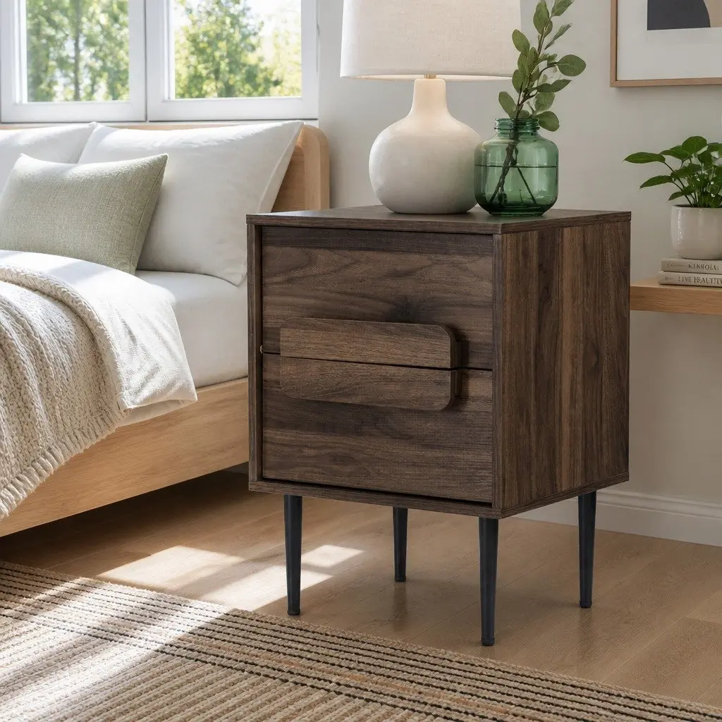 Walnut Nightstand with Storage Drawers