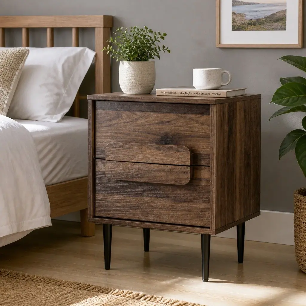 Walnut Nightstand with Storage Drawers