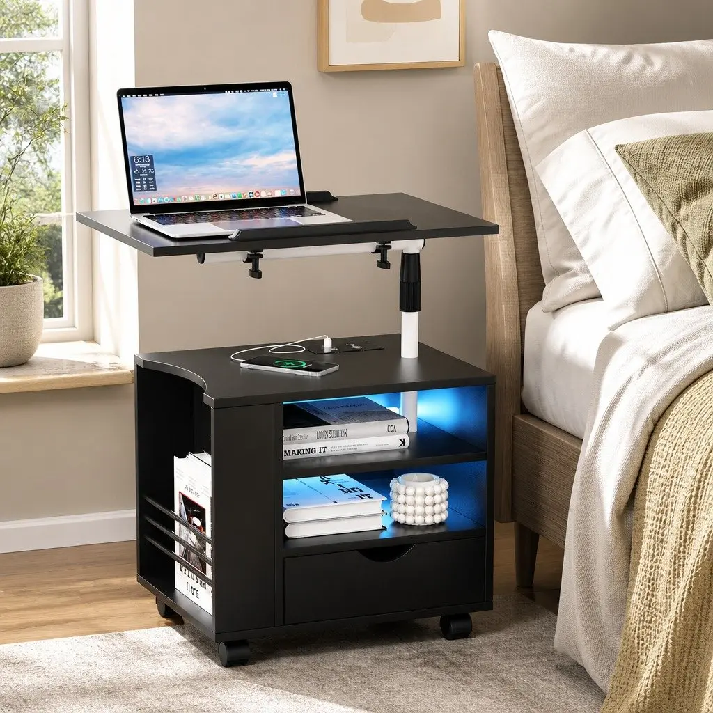 Black Bedside Table with Laptop Tray