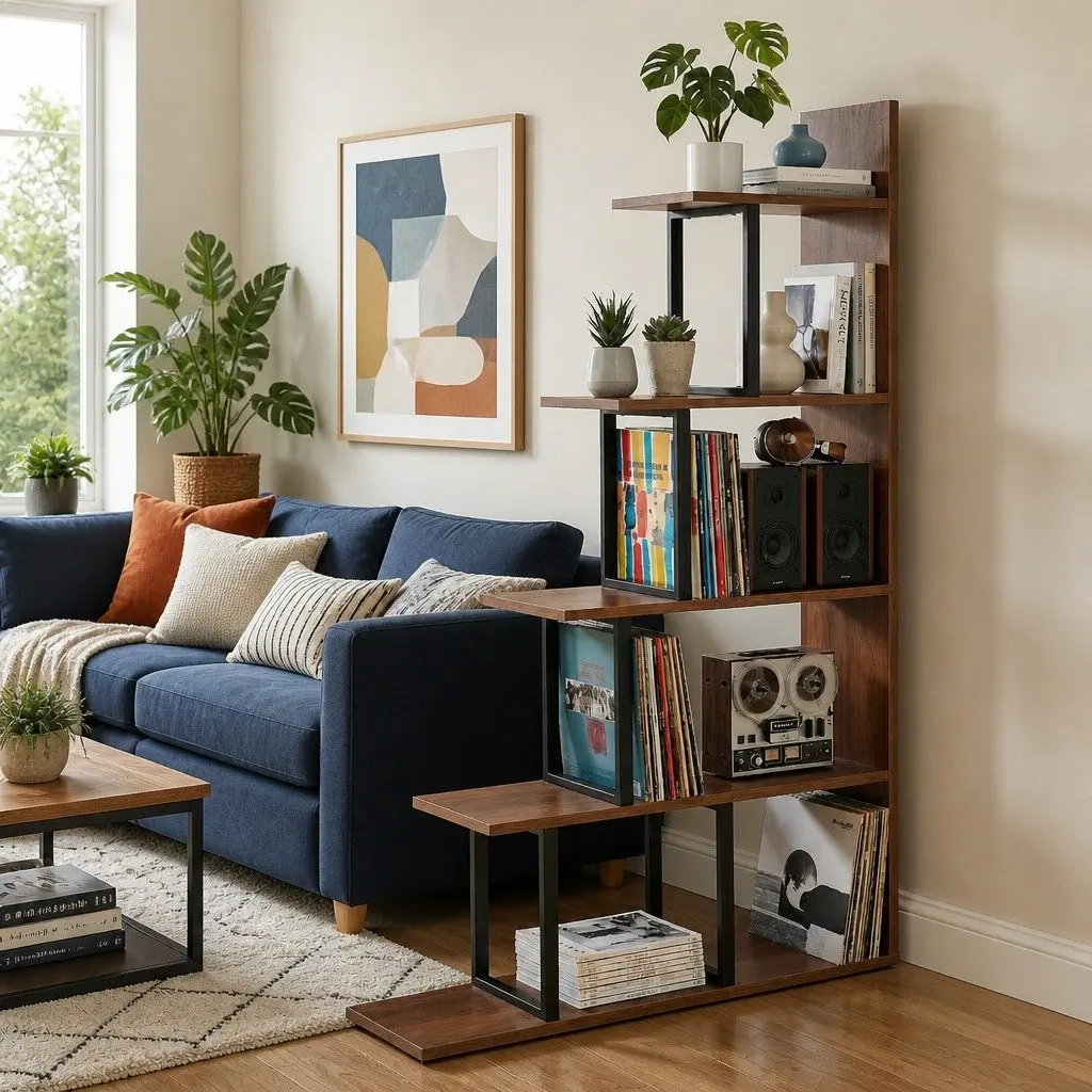 L-Shaped 5 Tier Bookshelf Walnut Vertical Storage Display Unit