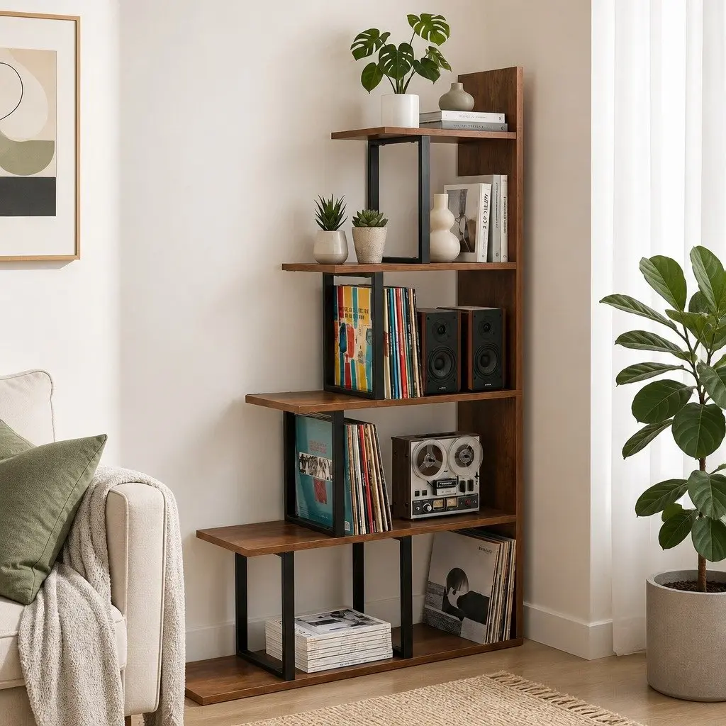 L-Shaped 5 Tier Bookshelf Walnut Vertical Storage Display Unit