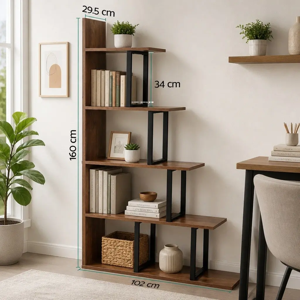 L-Shaped 5 Tier Bookshelf Walnut Vertical Storage Display Unit