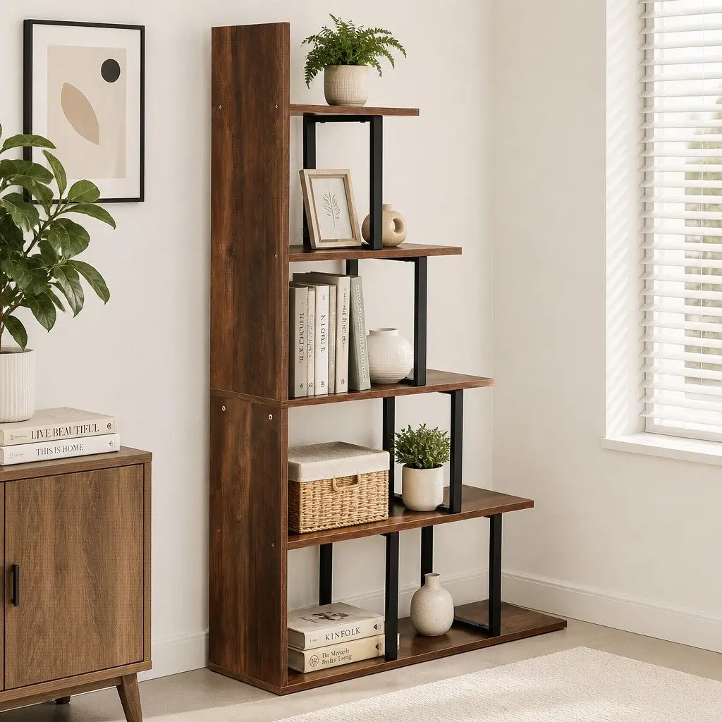 L-Shaped 5 Tier Bookshelf Walnut Vertical Storage Display Unit