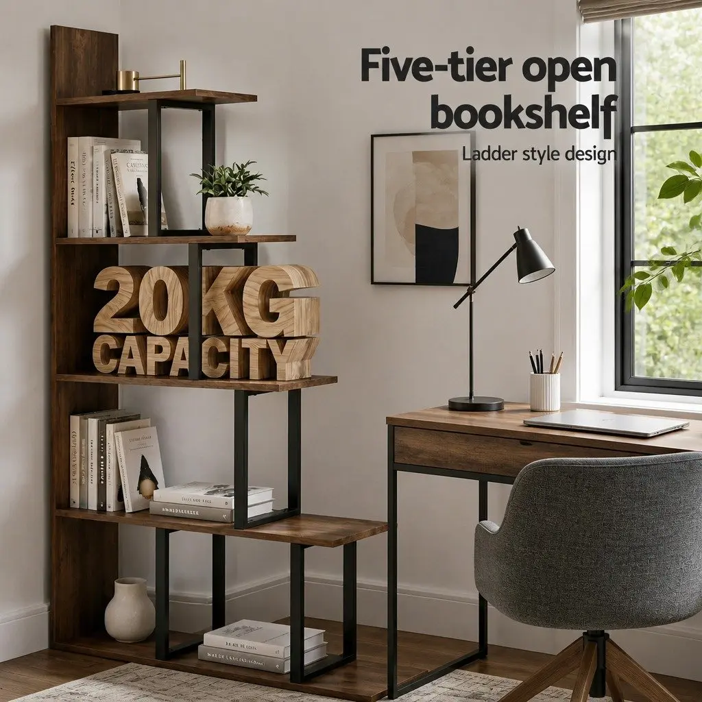 L-Shaped 5 Tier Bookshelf Walnut Vertical Storage Display Unit
