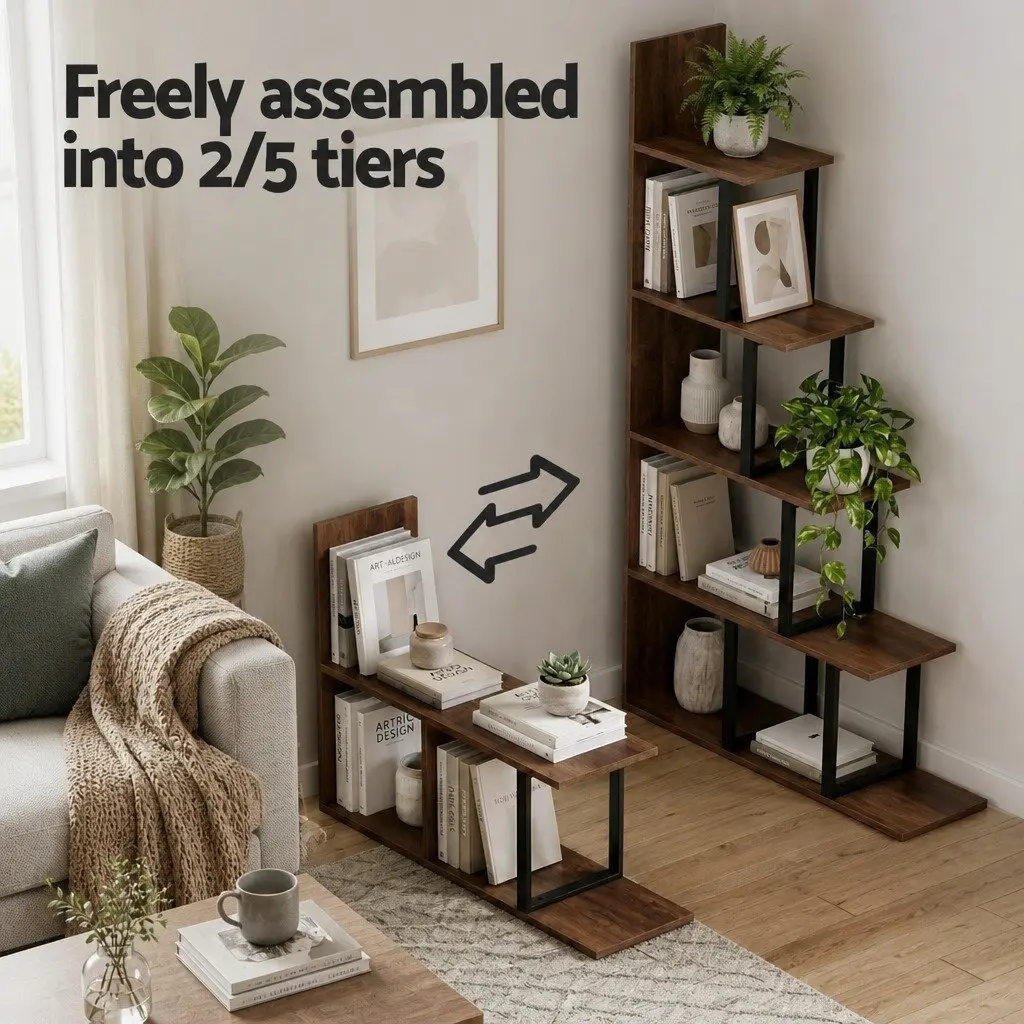 L-Shaped 5 Tier Bookshelf Walnut Vertical Storage Display Unit