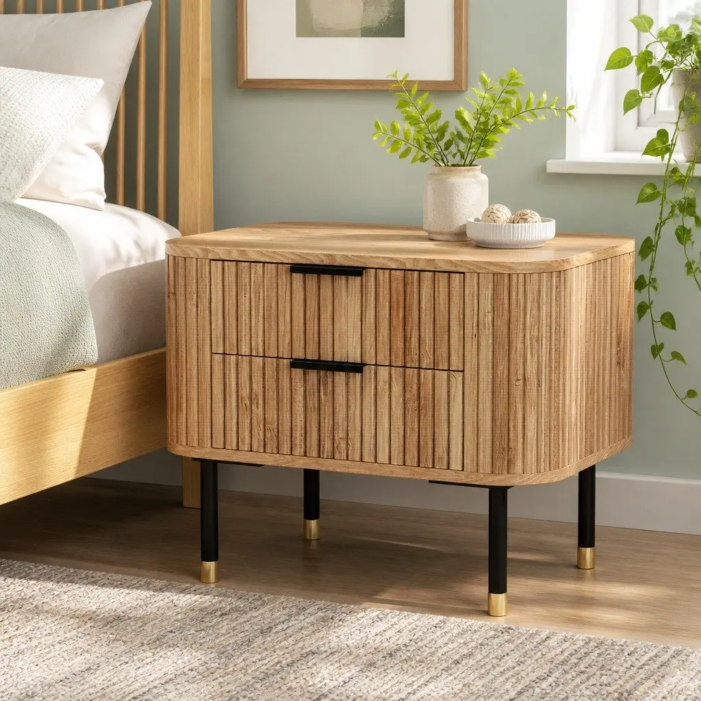 Bedside Table with Two Drawers and Metal Legs
