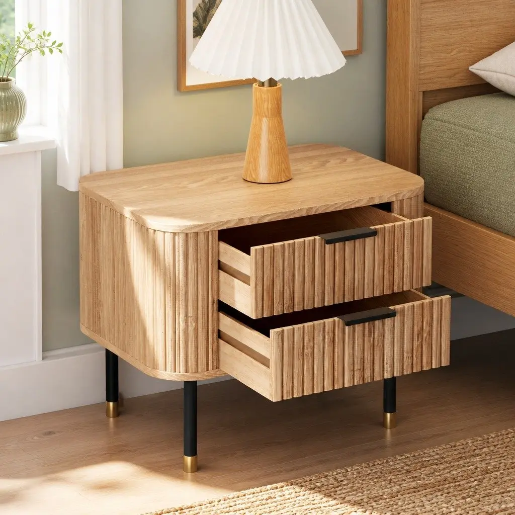 Bedside Table with Two Drawers and Metal Legs