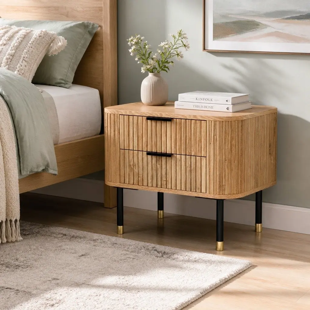 Bedside Table with Two Drawers and Metal Legs