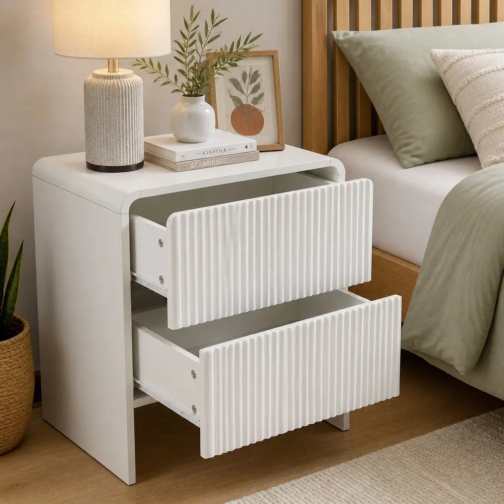 Bedside Table 2 Drawers Beige MDF Storage Cabinet Bedroom Living Room Furniture