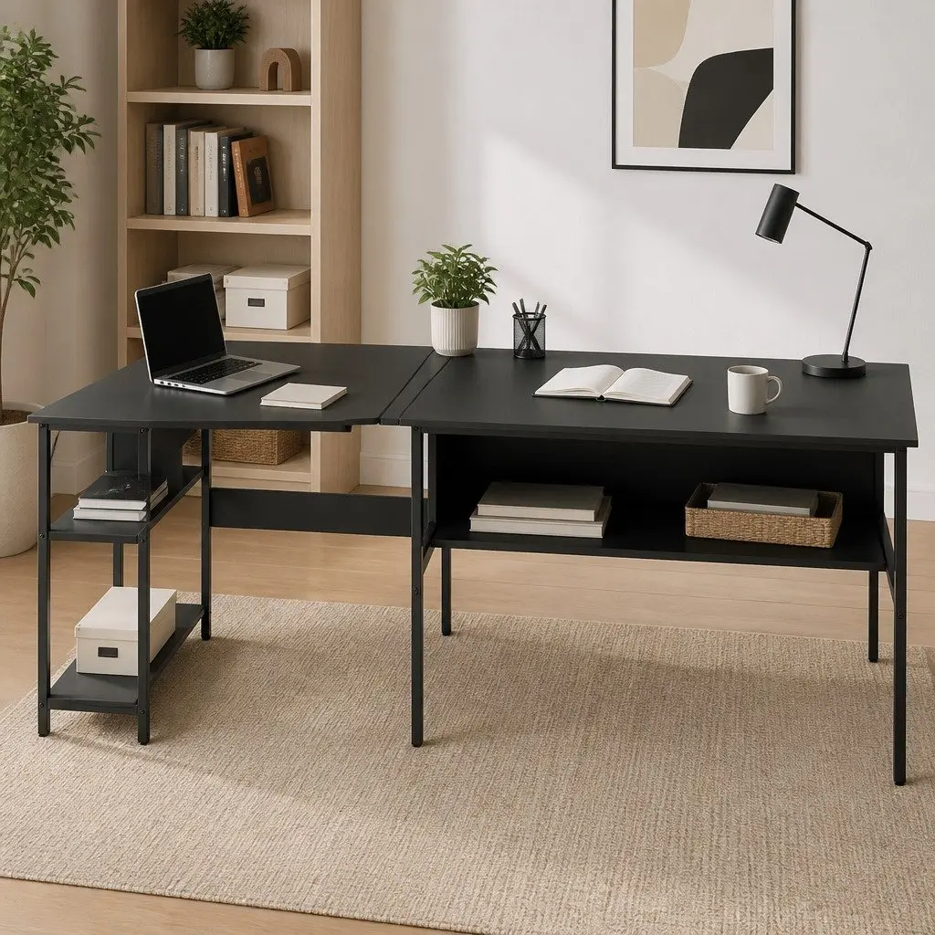 L-Shape Computer Desk Home Office Study Table Open Shelf Storage Black 128x108x74cm