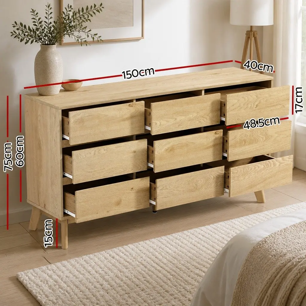 Pine Tallboy Dresser Chest of Drawers 9 Drawer Bedroom Storage Cabinet