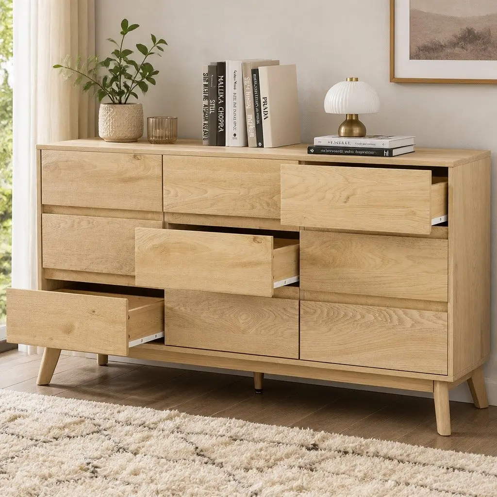 Pine Tallboy Dresser Chest of Drawers 9 Drawer Bedroom Storage Cabinet