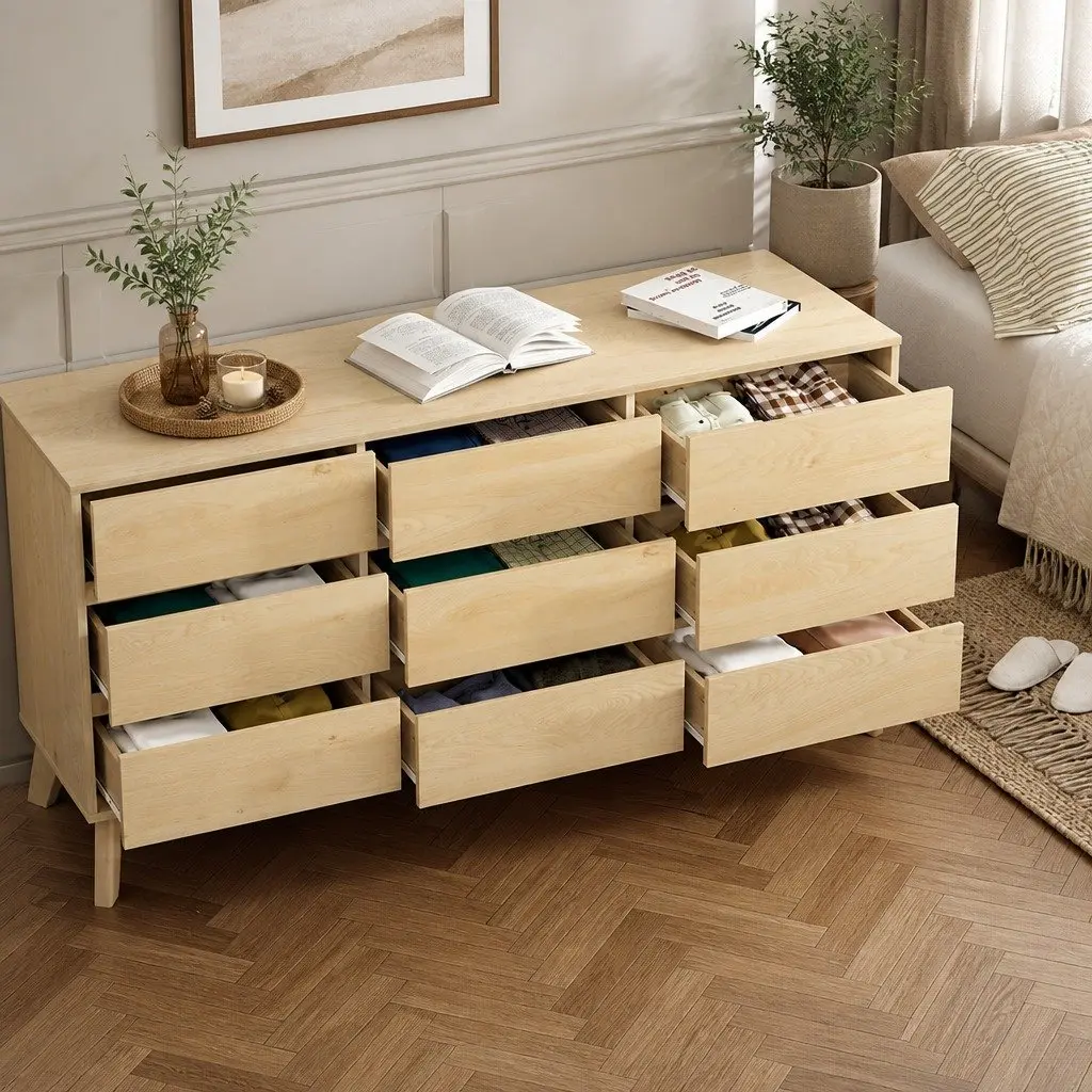 Pine Tallboy Dresser Chest of Drawers 9 Drawer Bedroom Storage Cabinet